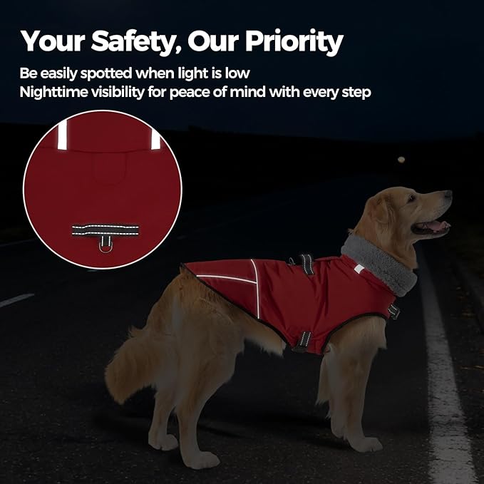 Mihachi Dog Coat for Large Dogs, Warm Dog Winter Coat Waterproof Dogs Jacket with Harness Built in Reflective Pet Fleece Vest, Puppy Cold Weather Coats Turtleneck & Windproof Pet Snowsuit, Red XXL