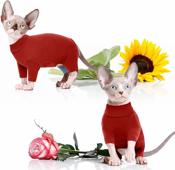 ROZKITCH Cat Jumpers, Breathable Soft Cat Jumpers for Cats Only, Coat with Four Legs, Warm Sweater T-Shirt Pajamas Jumpsuit Vest Cornish Rex Devon Rex Peterbald Red S
