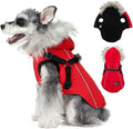 PINA Dog Winter Coat, Dog Winter Jacket with Waterproof Fabric, Warm Dog Coat with Faux Fur Hood, Dog Winter Vest with Reflective Strap for Small Medium Large Dogs, Red, L