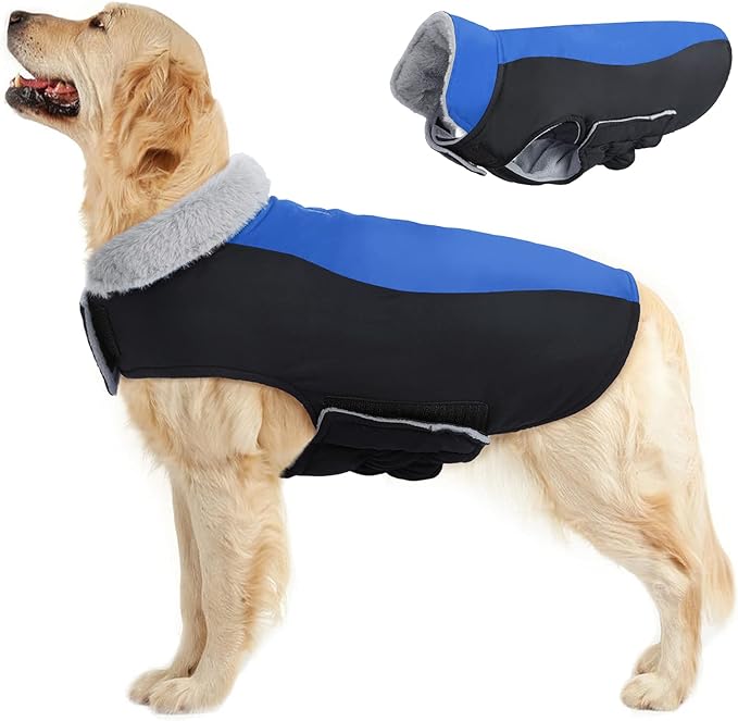 Warm Dog Coat,Waterproof Jacket in Winter Adjustable and Reversible Doggy Fleece Outfit,Thick Clothes with Foldable Collar for Puppy in Cold Days,2XL RoyalBlue