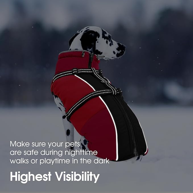 SUNFURA Dog Coat, Dog Jacket for Large Dogs with Harness Built in, Warm Pet Winter Coat Zip Up Snow Jacket with Furry Collar for Boston Terrier, French Bulldogs, Red L