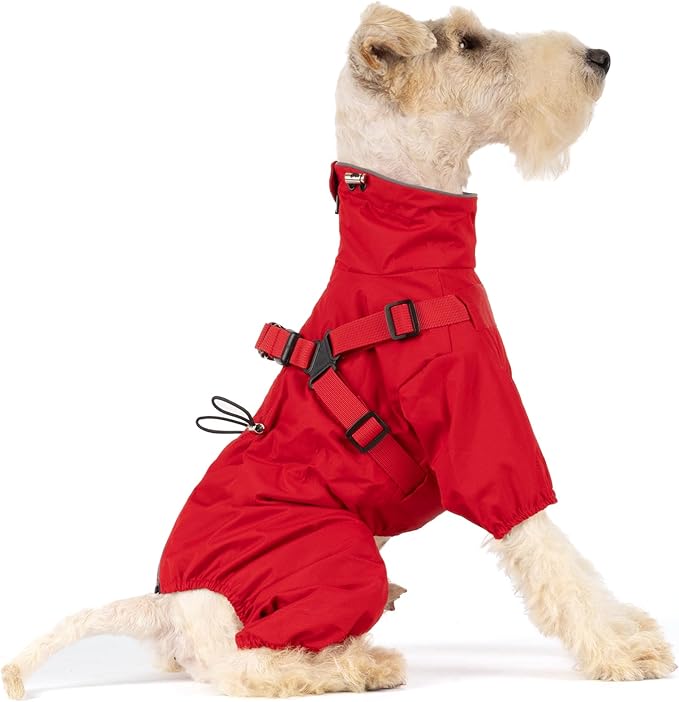 Mile High Life Waterproof Dog Raincoat, Full Coverage Small Dog Rain Coat with Harness, Adjustable 4 Legs Puppy Rain Jacket with Reflective Strip and Elastic Cuffs (Red, S Back Length 13")