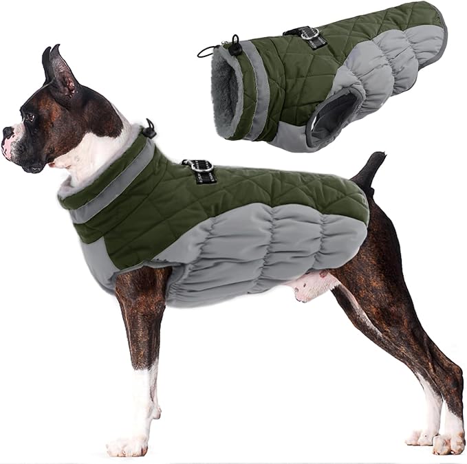 Lelepet Dog Coat Warm Dog Winter Coat Waterproof Dogs Jacket with Harness Built in Reflective Pet Fleece Vest Zip-Up Cold Weather Coats for Large Dogs Turtleneck Windproof Boston Terrier Army Green L
