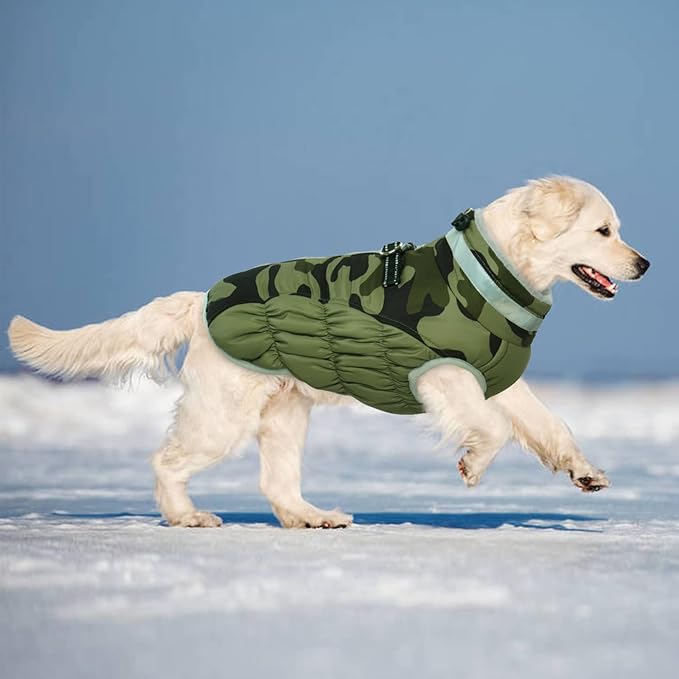 Lelepet Dog Coat Warm Dog Winter Coat Waterproof Dogs Jacket with Harness Built in Reflective Pet Fleece Vest Zip-Up Cold Weather Coats for Large Dogs Turtleneck Windproof Boston Terrier Green Camo L