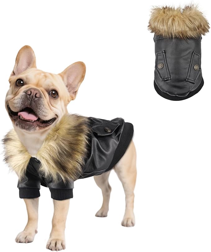 PETLESO Dog Coat for Small Dogs, Dog Leather Jacket Waterproof Windproof, Double Layer Warm Dog Winter Coat with Plush Lined, Black XXL