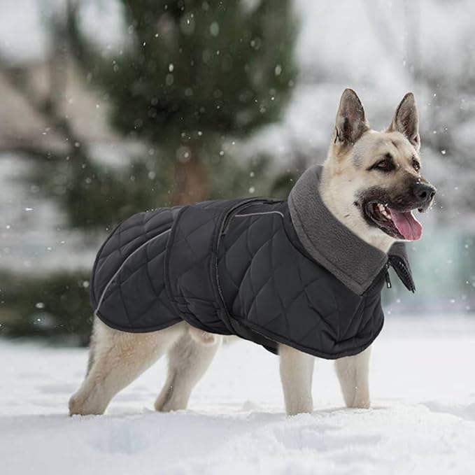 Kuoser Super-Warm Fleece Dog Jacket, Christmas Dog Coat Quilted Thermal Turtleneck Puppy Snowsuit, Windproof & Reflective Pet Winter Clothes for Large Dogs, Dark Grey 2XL