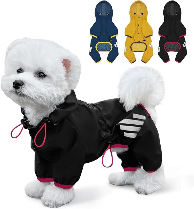 Dog Raincoat, Waterproof Dog Rain Jacket with Hood, Rain Coat with Leash Hole, Reflective Strap for Small Medium Dogs, Lightweight Puppy Clothes(Black,XS)