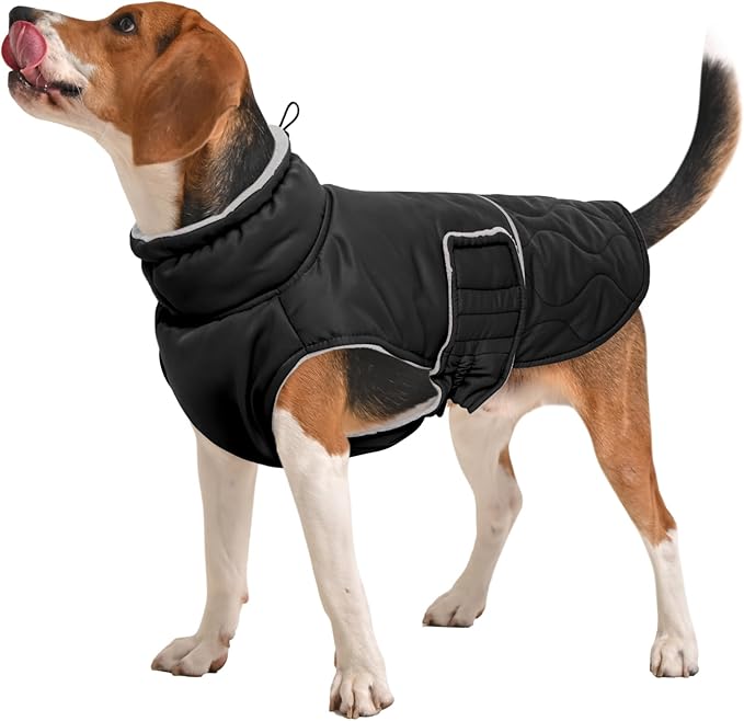 FUAMEY Warm Dog Coat for Cold Weather, Waterproof Large Dogs Jackets Fleece Lined, Adjustable Doggy Thermal Vest Sleeveless, Pet Winter Snowsuit Windpproof (Black, L)