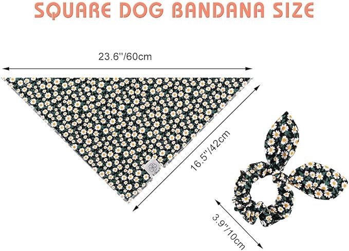 E-Clover Dog Bandanas & Matching Scrunchie Set Girl Dog Scarf Bibs with Bow Scrunchie for Small Dogs Puppy Pet Owner Gifts Flower Black
