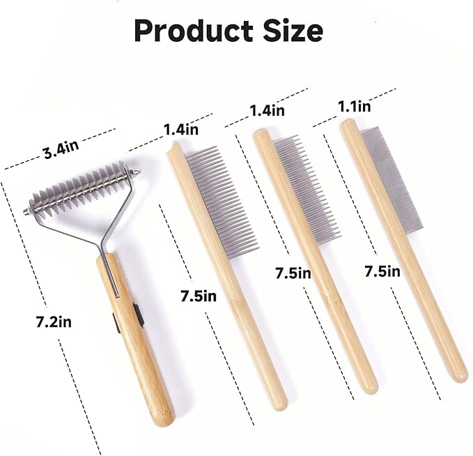 Bamboo Undercoat Rake & Deshedding Comb Set - 4 Piece Pet Grooming Kit with Detangling Brush for Matted Fur Removal, Gentle Massage and Deep Cleaning for Dogs and Cats