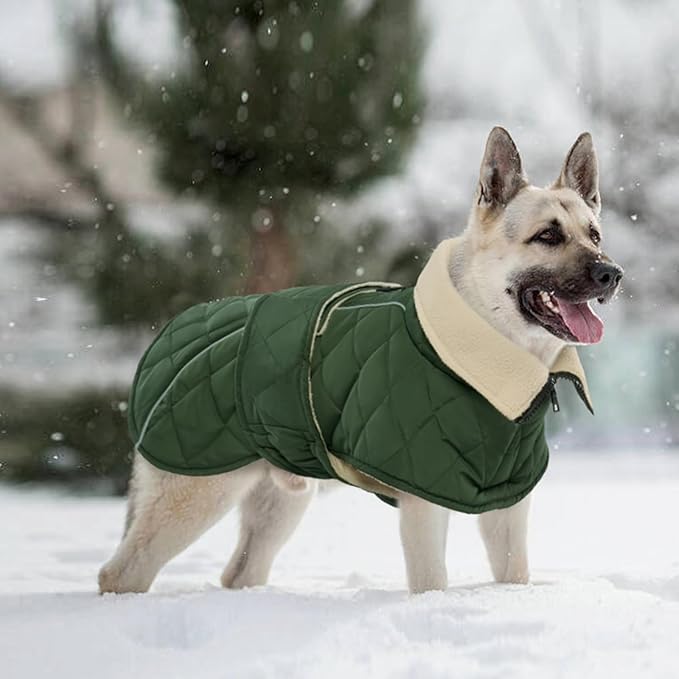 Kuoser Super-Warm Dog Jacket, Windproof Fleece Lined Turtleneck Dog Snowsuit with Reflective Strips, Soft & Adjustable Quilted Puppy Winter Coat Pet Christmas Clothes, Green 3XL