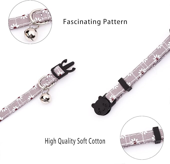 4 Pack Cotton Breakaway Cat Collar with Bell,Safety Adjustable Cat Collars Set,Ideal for Girl Cats Boy Cats