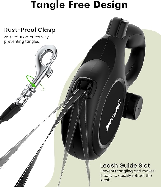 26ft Retractable Dog Leash with Chew Proof Extender, 2025 Upgraded Heavy Duty Retractable Pet Leash with Poop Bag Holder, Anti-Slip Grip, Reflective Leashes for Medium Large Dogs up to 110 lbs(Black)