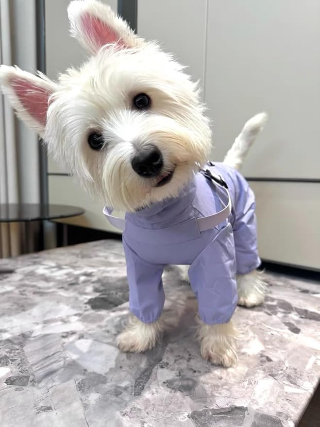 Mile High Life Waterproof Dog Raincoat, Full Coverage Small Dog Rain Coat with Harness, Adjustable 4 Legs Puppy Rain Jacket with Reflective Strip and Elastic Cuffs (Purple, XS Back Length 11.4")