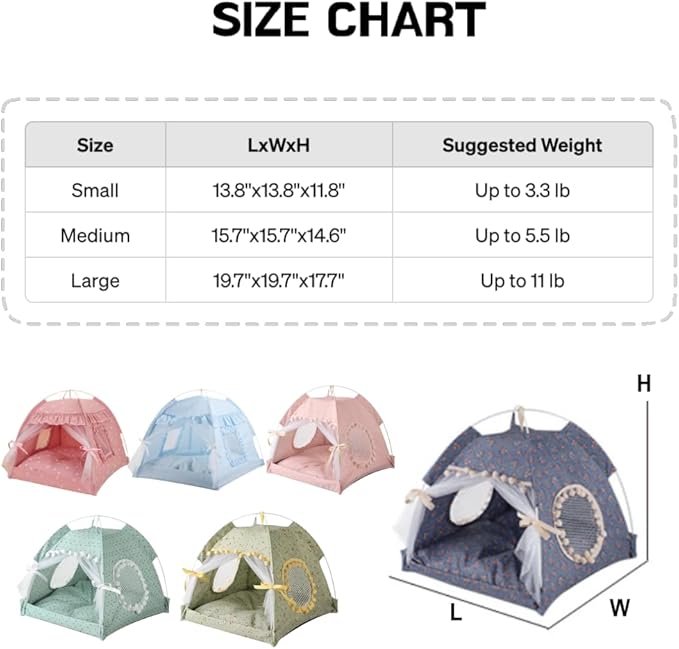 Cat Bed Tents Dog House Indoor Outdoor Lace Mesh Breathable Windows Door Curtains Removable Portable Nest Teepe House (Medium,Pink(Ruffled Teim))