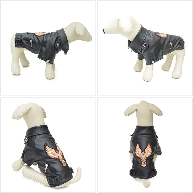 Lovelonglong Cool Dog Leather Jacket, Warm Coats Dogs Windproof Cold Weather Coats for Large Medium Small Dogs with Eagle Embroidery Black B-M