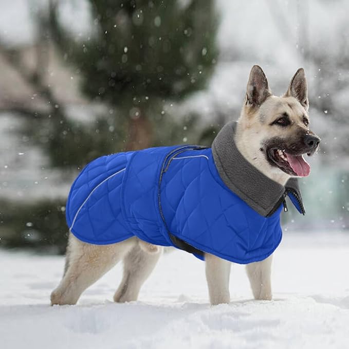 Kuoser Dog Coat, Extra Warm Dog Jacket Windproof Dogs Cold Weather Coats for Large Dogs, Fleece Lining Turtleneck Puppy Snowsuit Reflective Adjustable Pet Winter Clothes Christmas, Blue XL