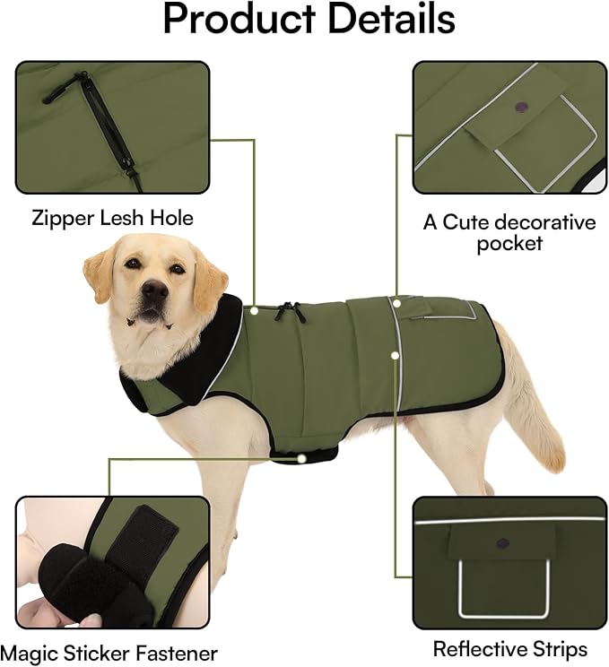 Dog Coat, Large Dog Jacket, Windproof Dogs Puffer Jacket, Fleece Lined Warm Dogs Winter Coat with Harness Hole(Army Green 2XL)