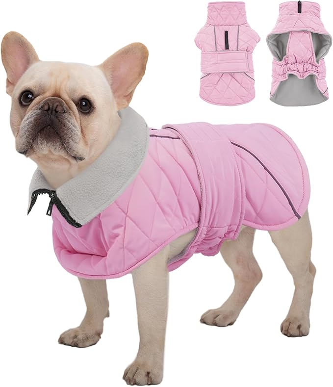 Kuoser Dog Coat, Extra Warm Dog Jacket Windproof Dogs Cold Weather Coats for Small Dogs, Fleece Lining Turtleneck Doggy Snowsuit Reflective Adjustable Pet Winter Clothes Christmas, Pink S