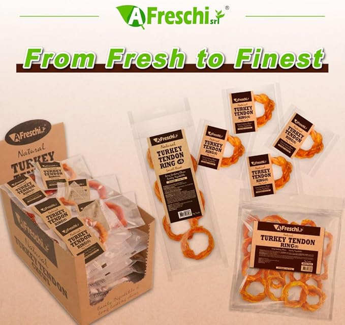 AFreschi Turkey Tendons for Dogs, USA-Sourced, Healthy Dog Treats, Rawhide-Free Puppy Chews, Long Lasting, All Natural, Hypoallergenic Dog Treats for Small Breeds, 6 Count Pack Ring (S)