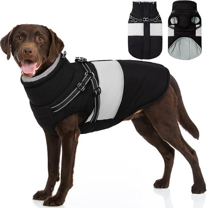 SUNFURA Dog Coat, XXL Dog Jacket Winter with Harness Built in, Waterproof Pet Snow Jacket with Furry Collar for Chilly Day, Reflective Fleece Snowsuit for Extra Large Dogs, Black 2XL