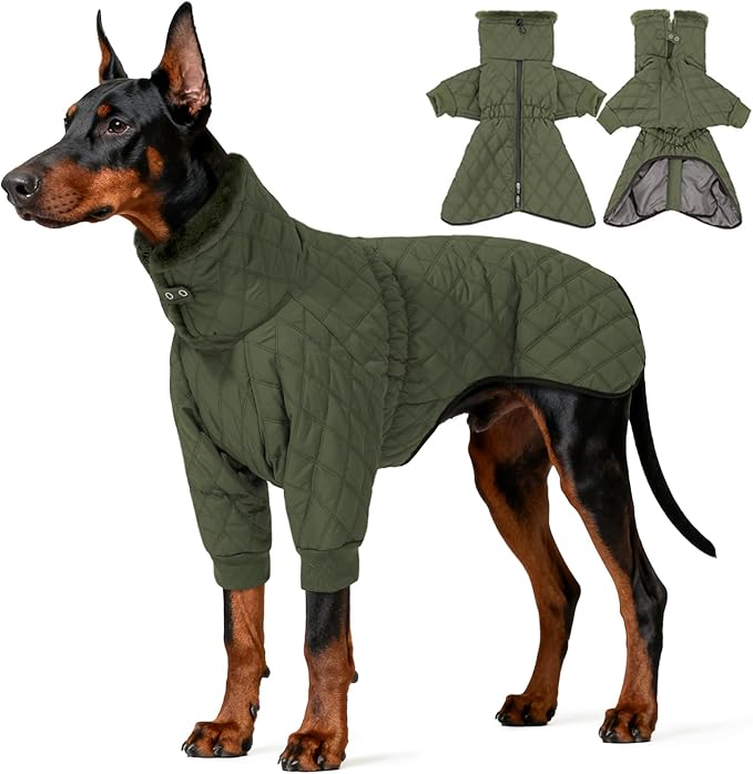 IDOMIK Dog Winter Coat for Large Dogs, Warm Dog Winter Jacket with Fleece High Collar, Zippered Cold Weather Coats for Dogs, Waterproof Doggy Snow Jacket Clothes,Green,3XL