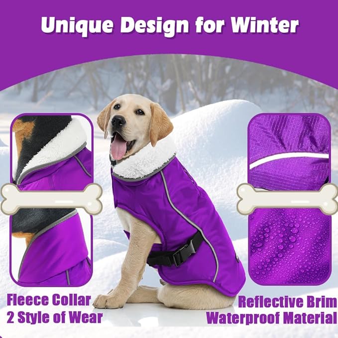 EMUST Dog Coat for Winter, Cozy Winter Jackets for Small/Medium/Large Dogs, Solid Color Dog Apparel for Cold Weather with Fleece Lining, Purple, XXXL