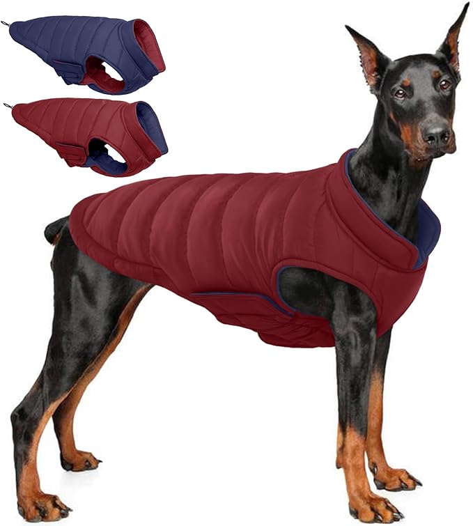 QBLEEV Reversible Dog Winter Coat, Waterproof Windproof Dog Jacket with Adjustable Fit & Leash Hole, Lightweight Warm Puffer Vest for Large Breeds, Wine Red, 2XL – Fits Labrador, Husky, Weimaraner