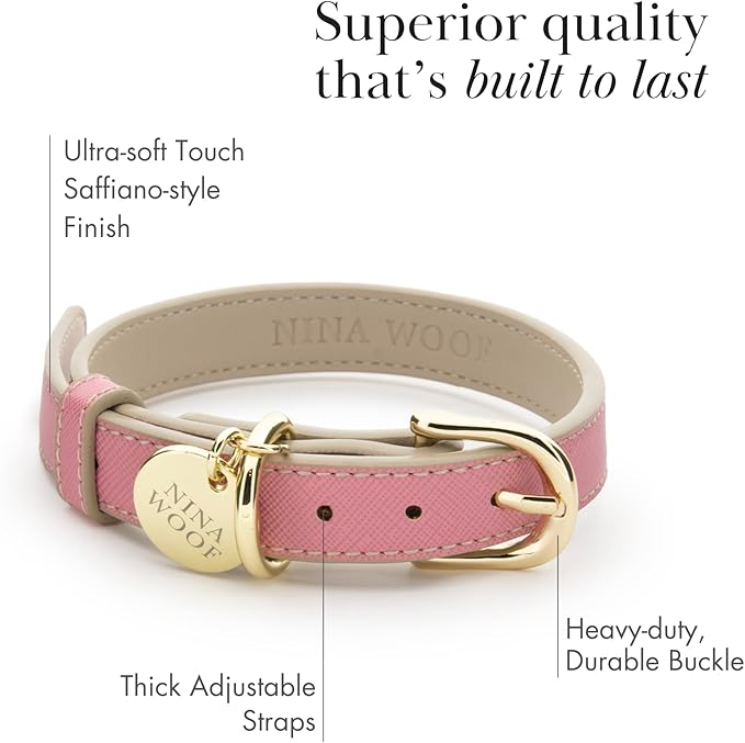 NINA WOOF Rio Vegan Leather Dog Collar - Padded Luxury Dog Collar with Adjustable Buckle - Collar for Dogs, Small Dogs and Large Dogs (Small, Pink)