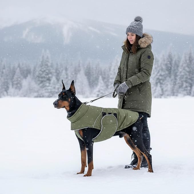 ASENKU Extra Warm Dog Coat with Fleece, Reflective Puffer Jacket, Adjustable with Zippered Leash Hole for Large Dogs, Winter Clothes (Green, XL)