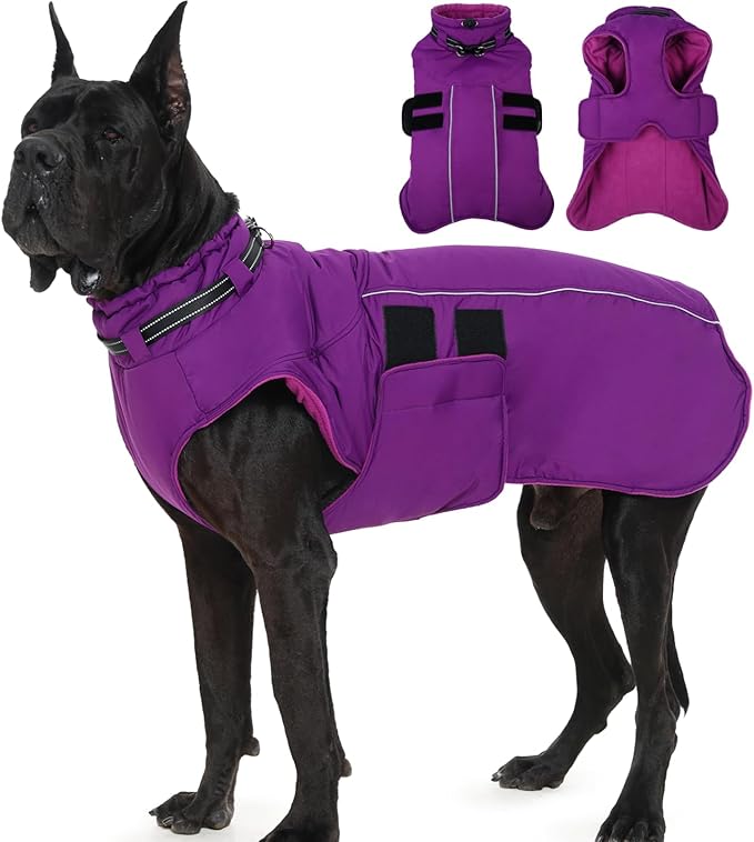 Dog Coats for Extra Large Dogs Winter Waterproof Jacket with Harness Reflective Adjustable Hook&Loop Snowsuit for Cold Weather, Warm Snow Jackets for Dogs Great Dane Saint Bernard, 5XL Purple