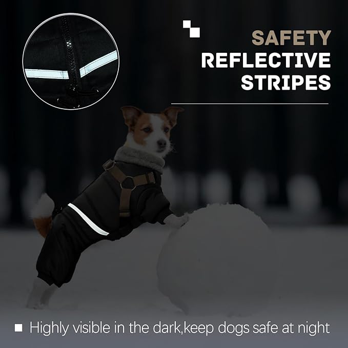 BRKURLEG Black Dog Coat with Harness, Dog Winter Jacket, Dogs Onesie Body Warm Jackets, Small Dogs Winter Coats Reflective Windproof Warm Cold Weather Coats, Pet Waterproof Jacket Hiking L