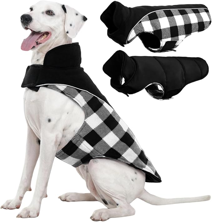Kuoser Dog Winter Coat, Reversible Waterproof Dog Jacket with Reflective Strip, Warm Dogs Fleece Vest Adjustable Doggy Cold Weather Clothes Plaid Christmas Outfit Pet Apparel for Large Dogs, Black XL