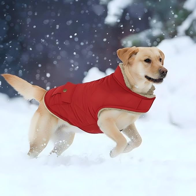 ASENKU Warm Dog Winter Coat, Waterproof Dog Coat for Cold Weather, Fleece Dogs Jacket with Ultra Thick Plush Lining Leash Hole Storage Pockets for Medium Dogs (Red, Medium)