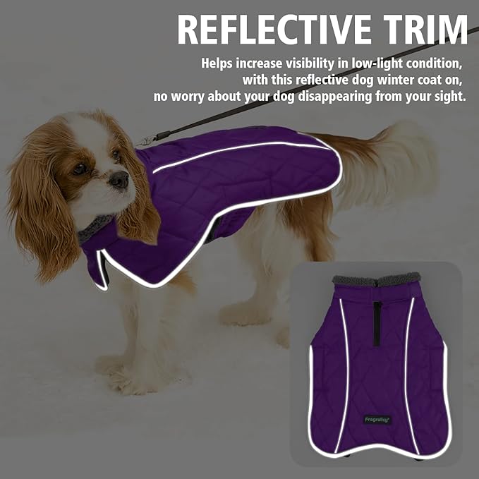 Fragralley Dog Coat Medium, Waterproof Dog Jacket with Warm Fleece Lining, Adjustable Reflective Dogs Winter Coat, Turtleneck Pet Coats for Cold Weather (Purple M)