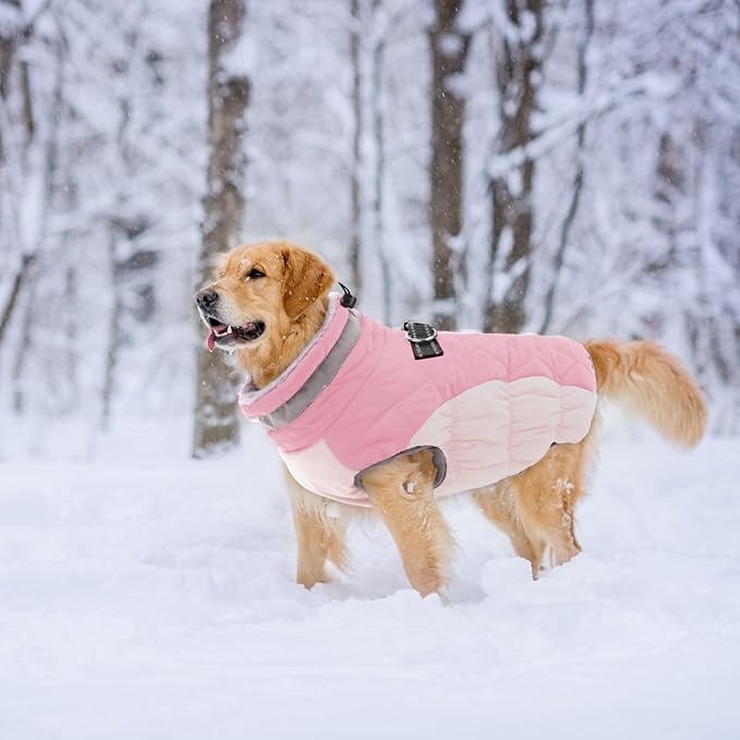 Lelepet Dog Coat Warm Dog Winter Coat Waterproof Dogs Jacket with Harness Built in Reflective Pet Fleece Vest Zip-Up Cold Weather Coats for Large Dogs Turtleneck & Windproof Coats Pitbull Pink 2XL