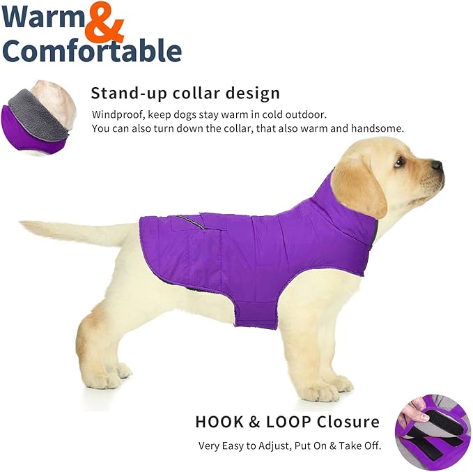 Dog Coat, Waterproof Dog Winter Jacket with Pocket, Reflective Adjustable Pet Snow Vest, Warm Cozy Fleece Sweater for Small Medium Extra Large Dogs - Purple, XL
