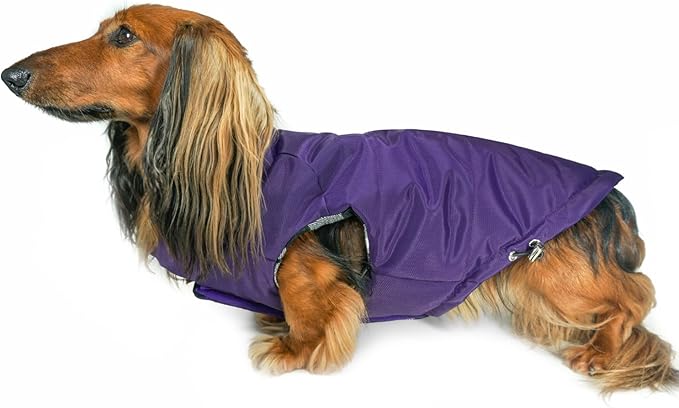 DJANGO Reversible Puffer Dog Coat – Warm Winter Dog Jacket & Water-Repellent Insulated Dog Coat w/Harness Hole, Windproof, Adjustable Fit for Small & Medium Dogs, Dachshunds – Violet Purple, Large