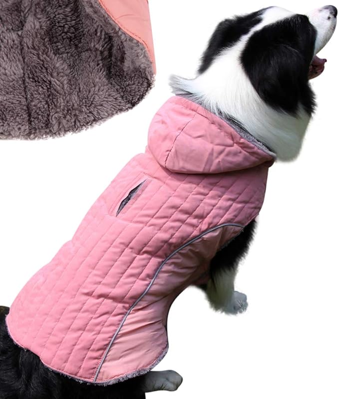 Fleece Dog Hoodie for Large Dogs Super Warm Doggie Jacket for Cold Winter Dog Coats,Pink XXXL