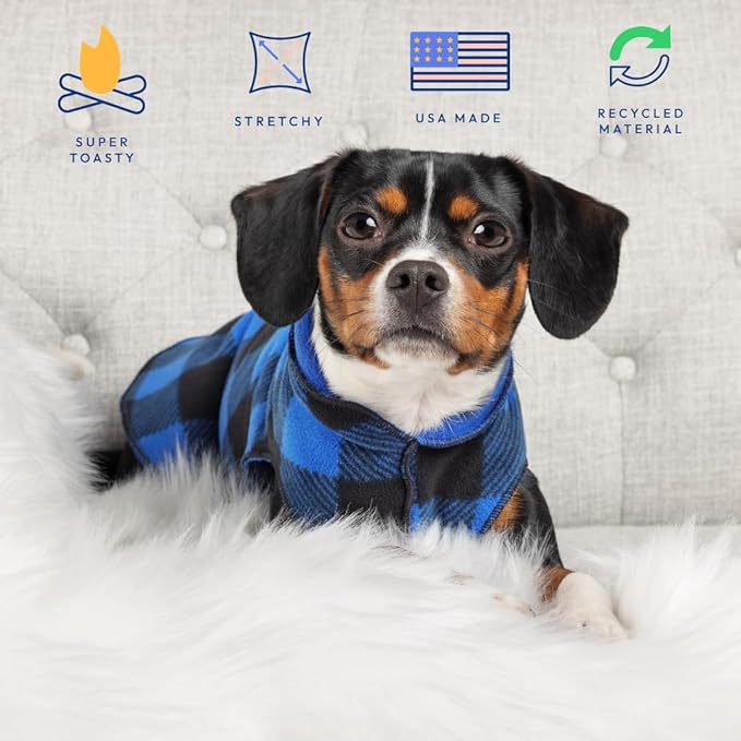 Goldpaw Duluth Double Fleece Dog Sweater Vest for Small Dogs - Soft, Stretchy Dog Fleece - Warm Pet Jacket for Fall and Winter - Premium Pet Outerwear - Machine Washable - Blue Plaid/Navy - Size 14