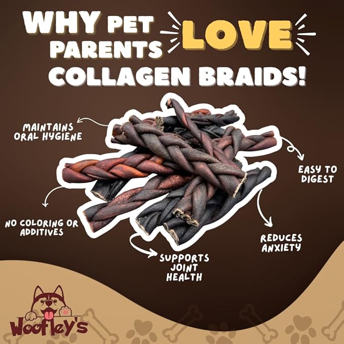 Woofley's 6 Inch Braided Collagen Sticks for Dogs - (100 Count) Bully Stick Rawhide Alternative Dog Chews No Hide Bones for Medium & Large Dogs