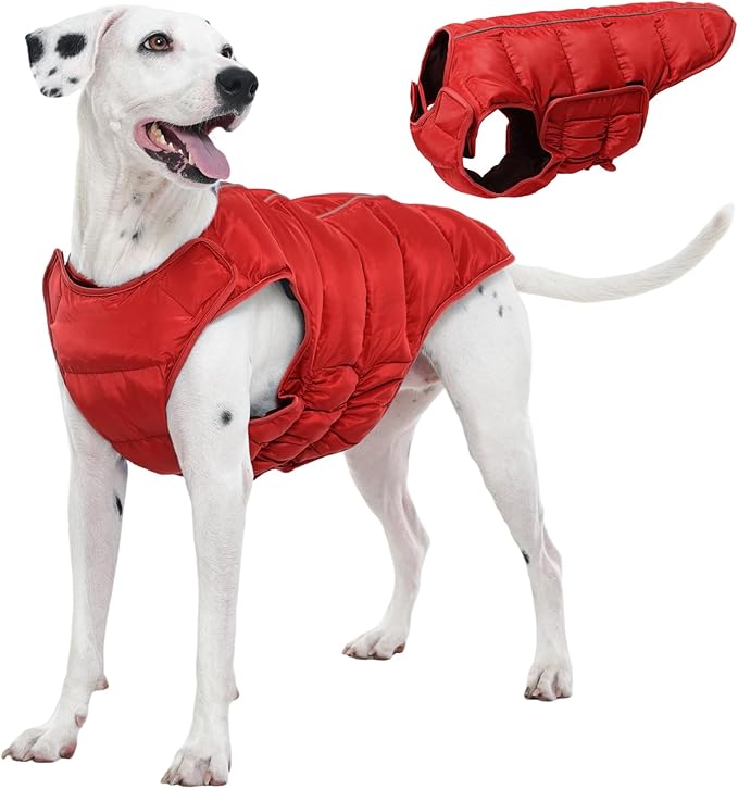 Kuoser Dog Puffer Jacket Warm Dog Coat for Medium Large Dogs, Windproof Reflective Pet Padded Vest Cold Weather Clothes Puppy Snowsuit with Hook & Loop Coats, Easy On/Off, Red L
