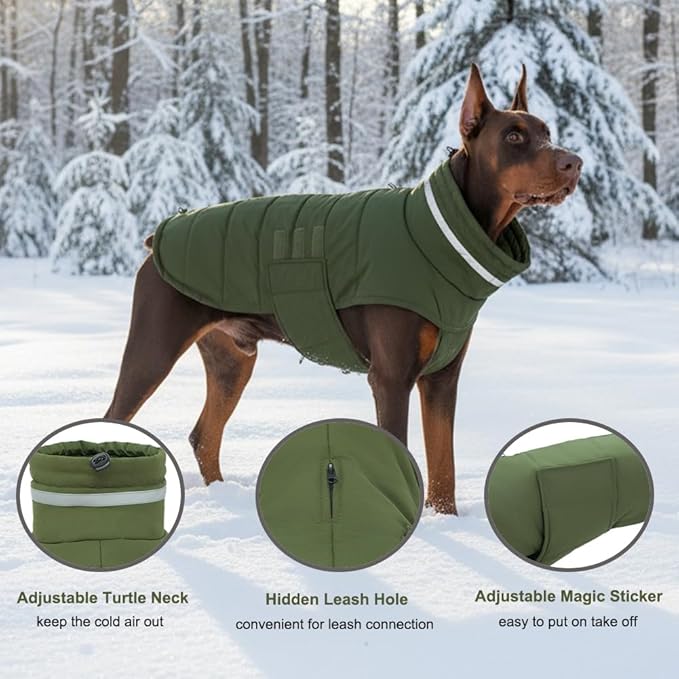 Dog Coat, Waterproof Winter Jacket, Warm Windproof Jacket, Reflective Adjustable Turtleneck Coats for Small Dogs with Hook & Loop - Green - S