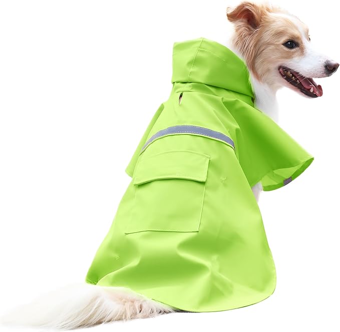 NACOCO Large Dog Raincoat Adjustable - Pet Water Proof Clothes Lightweight Rain Jacket Poncho Hoodies with Strip Reflective (L, Green)