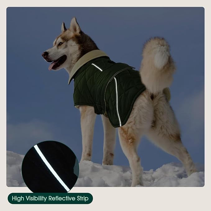 Kuoser Extra Warm Dog Coat, Windproof Cold Weather Jacket for Large Dogs, Fleece Lining Christmas Dog Jacket Pet Turtleneck Snowsuit with Reflective Strips Adjustable Winter Outfit, Green XL