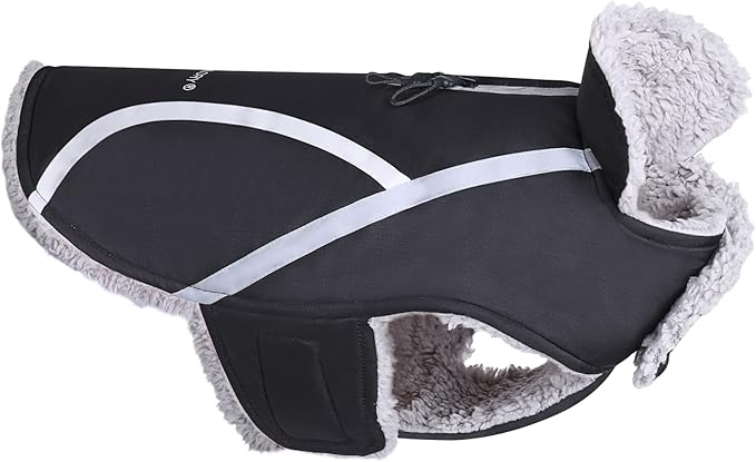 VIVAGLORY Frostfit Dog Coat, Dog Jacket for Winter & Cold Weather, Warm Fluffy Fleece Lined Water Resistant Reflective for Puppy, Coat with Velcro Fastening & Leash Hole, L, Black