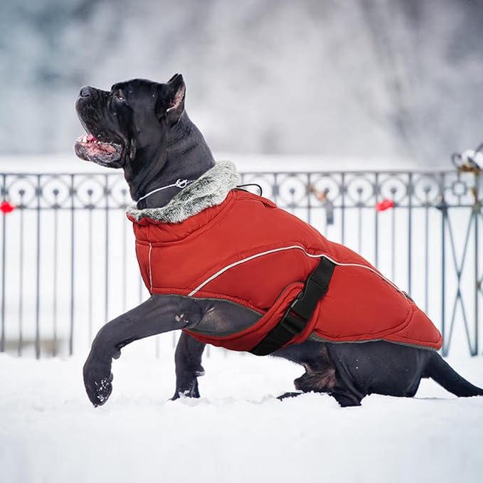 DENTRUN Large Dog Coat - Thick Fleece Lined Reflective Winter Jacket, Snap Closure & Leash Hole, Warm Thick Fleece Lined, Plush Turtleneck Vest for German Shepherd, Red, XXL