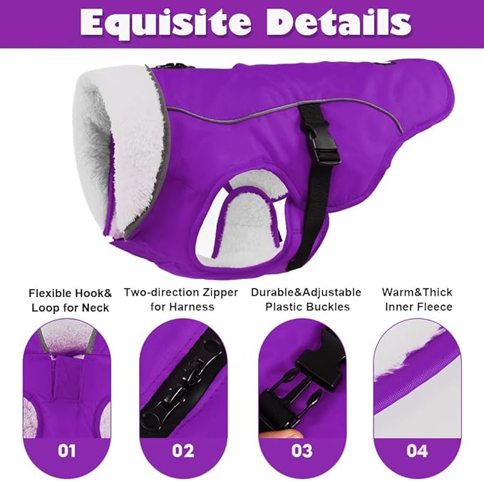 EMUST Dog Coat for Winter, Cozy Winter Jackets for Small/Medium/Large Dogs, Solid Color Dog Apparel for Cold Weather with Fleece Lining, Purple, XXXL