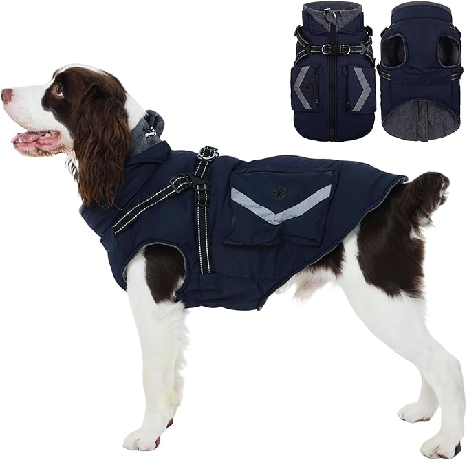 FUAMEY Dog Coat Zipper on Back, Fleece Lined Dogs Jacket for Winter with Harness Built-in, Insulated Clothes Large Doggy Cold Weather Outfits with Pop Bag Pockets, Jack Russell (Dark Blue, L)