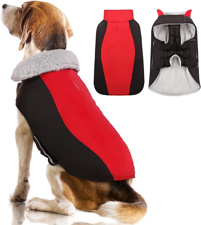 Warm Dog Coat,Waterproof Jacket in Winter Adjustable and Reversible Doggy Fleece Outfit,Thick Clothes with Foldable Collar for Puppy in Cold Days,XL Red